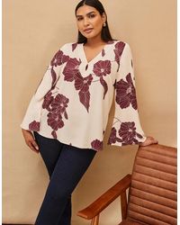 Live Unlimited London - Burgundy Floral Print Keyhole Blouse - Lyst