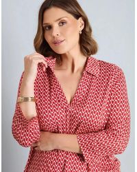 Live Unlimited London - Petite Geo Print 3/4 Sleeve Collared V-Neck Jersey Top - Lyst