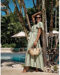 Gini London - Sage Stripe Wrap Belted Viscose Midi Dress - Lyst