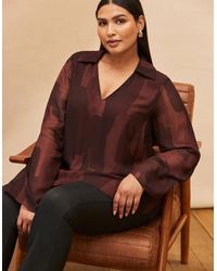 Live Unlimited London - Chocolate Abstract Print V Neck Collared Tunic - Lyst