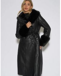 Gini London - Fur Trim Faux Leather Wrap Longline Coat - Lyst