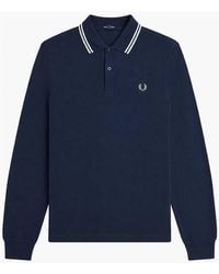 Fred Perry - Long Sleeve Twin Tipped Polo Shirt Dark Airforce/Ecru/Seagrass - Lyst