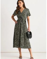 Gini London - Khaki Viscose Short Sleeve Animal Print Wrap Front Midi Dress - Lyst