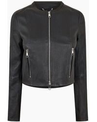 BOSS - Solid Patterned Band Collared Leather Jacket With Zipped Pocket - Lyst