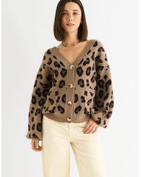 Gini London - Camel Animal Print Knit Short Cardigan - Lyst
