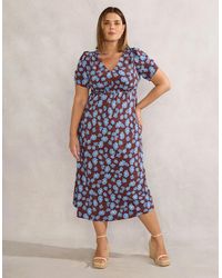 Live Unlimited London - Chocolate Floral Print V Neck Shirred Dress - Lyst