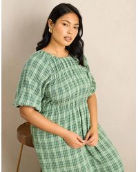 Live Unlimited London - Check Print Blouson Sleeve Shirred Dress - Lyst