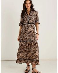 Gini London - Animal Print Lace Trim Tiered Midi Dress - Lyst