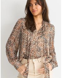Gini London - Animal Print Long Sleeve Tie Neck Blouse - Lyst