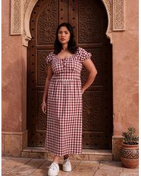 Live Unlimited London - Berry Gingham Linen Blend Puff Sleeve Midaxi Dress - Lyst