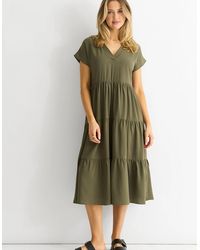 Gini London - Khaki V Neck Pocket Smock Midi Dress - Lyst