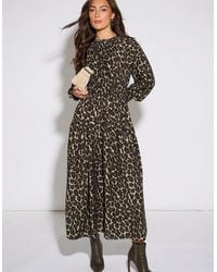 Gini London - Khaki Animal Print Shirred High Neck Maxi Dress - Lyst