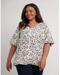 Live Unlimited London - Mono Floral Puff Sleeve Blouse - Lyst