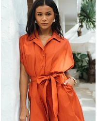 Gini London - Rust Cotton Button Through Belted Shirt Dress - Lyst