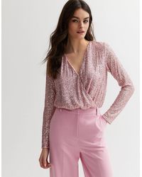 Gini London - Blush Sequin Wrap Long Sleeve Bodysuit - Lyst
