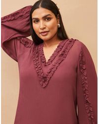 Live Unlimited London - Burgundy Frill Trim V Neck Blouse - Lyst
