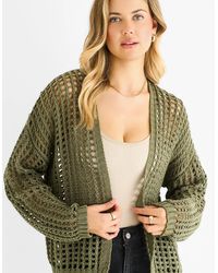 Gini London - Khaki Open Knit Edge To Edge Cardigan - Lyst