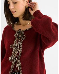 Gini London - Burgundy Contrast Animal Tie Oversized Knit Cardigan - Lyst