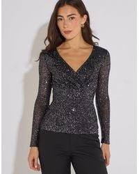Gini London - Gunmetal Long Sleeve Sequin Wrap Top - Lyst