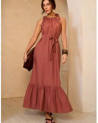 Gini London - Rust Tie Shoulder Relaxed Fit Belted Maxi Dress - Lyst
