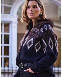 Live Unlimited London - Fair Isle Mohair Blend Faux Fur Collar Cardigan - Lyst
