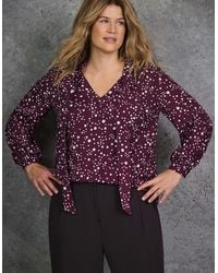 Live Unlimited London - Burgundy Spot Print Tie Neck Blouse - Lyst