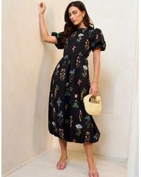 Gini London - Cotton Floral Print Puff Ball Midi Dress - Lyst