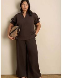 Live Unlimited London - Chocolate Cheesecloth Wide Leg Trouser - Lyst