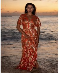 Gini London - Metallic Jacquard Flutter Sleeves Floral Maxi Dress - Lyst