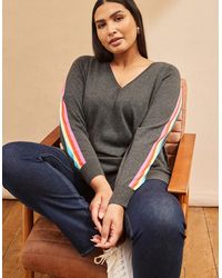 Live Unlimited London - Knit V-Neck Contrast Stripe Jumper - Lyst