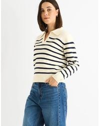 Gini London - Cream Recycle Stripe V Neck Collar Knit Jumper - Lyst