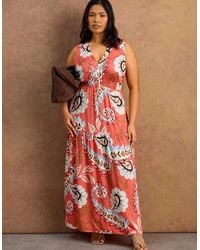 Live Unlimited London - Petite Coral Paisley Print Tiered Maxi Dress - Lyst
