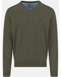 Fynch-Hatton - V-Neck Fine Knit Cotton Sweater Dark Khaki - Lyst