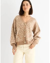 Gini London - Camel Animal Print Wool Mix Cardigan Look Jumper - Lyst