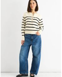 Gini London - Cream Recycle Mix Stripe Button Up Loose Fit Knit Jumper - Lyst
