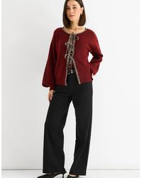 Gini London - Burgundy Contrast Animal Tie Oversized Knit Cardigan - Lyst