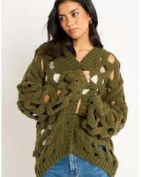 Gini London - Khaki Hollow Chunky Knit Cardigan - Lyst