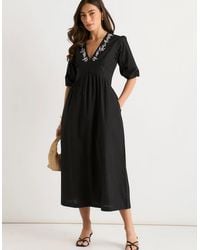 Gini London - Puff Sleeve Cotton Embroidered Midi Dress - Lyst