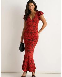 Gini London - V Neck Floral Print Ruffle Maxi Dress - Lyst
