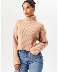 Gini London - Camel High Neck Chunky Knit Crop Jumper - Lyst