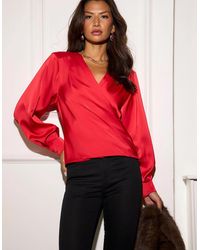 Gini London - Satin Pleat Shoulder Wrap Top - Lyst