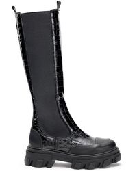 Ganni - Stivali Alti Chelsea Neri Knee-High Con Effetto Coccodrillo - Lyst