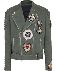 Balmain - Denim Biker Jacket With Embroidered Patches - Lyst