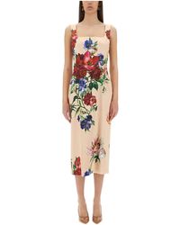 Dolce & Gabbana - Flower Print Satin Sheath Longuette Dress - Lyst