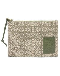 + Paula's Ibiza leather-trimmed canvas-jacquard pouch