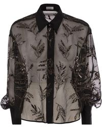 Brunello Cucinelli - Crispy Silk Shirt With Glistening Flora Embroidery - Lyst