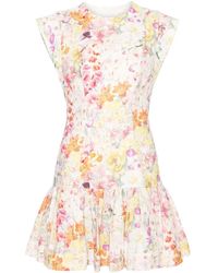 Zimmermann - Floral Print Linen Flounce Short Dress - Lyst