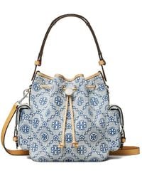 Tory Burch - T Monogram Denim Bucket Bag With Pockets - Lyst