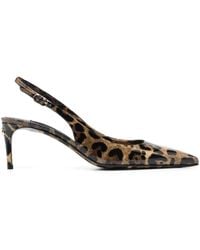 Dolce & Gabbana - 'lollo' Brown Slingback Pumps With All-over Leo Print And Dg Patch In Shiny Leather Woman - Lyst