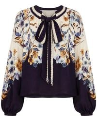 FARM Rio - Floral-Print Tie-Neck Blouse - Lyst